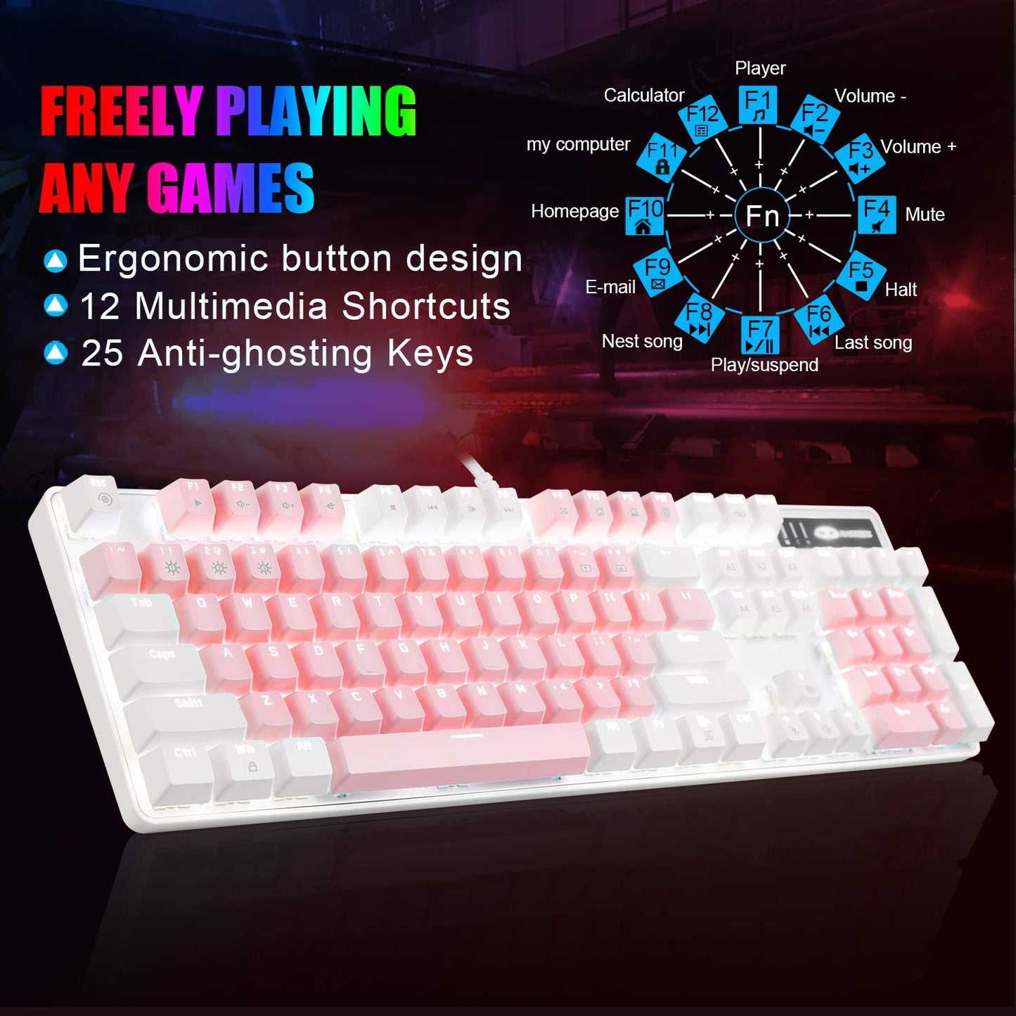 Mechanical Gaming Keyboard, New Upgraded Blue Switch 104 Keys White Backlit Keyboards, USB Wired Mechanical Computer Keyboard for Laptop, Desktop, PC Gamers(White & Pink)